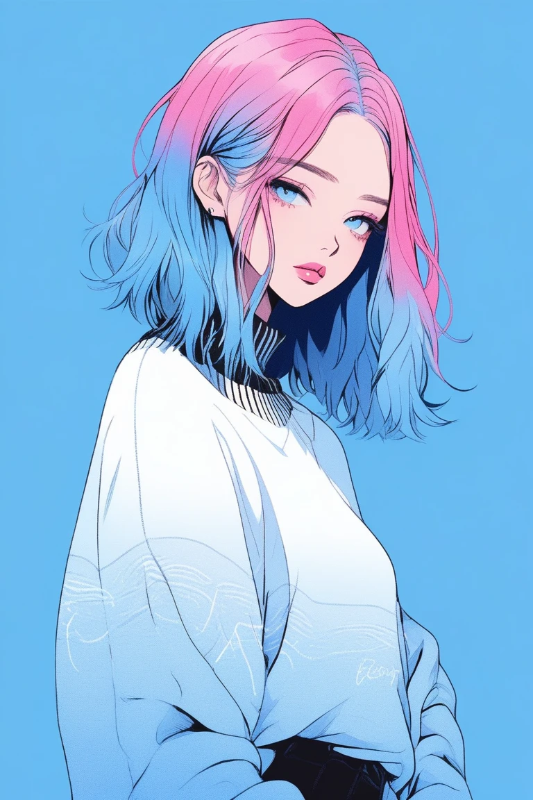 Illustrator, anime , Realistic ,sketch , 1 Girl, ,lip, sweater,order, Blue gradient background, Neon Hair,Textured Trim, Canadian, (masterpiece,Highest quality) Cancer