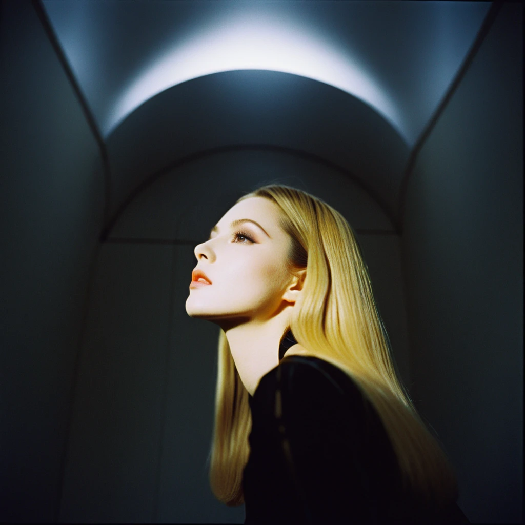 Photograph by Serge Lutens (1.8), pale skin, evil slavic woman, long dark blond hair, in profile, wide angle dim atmosphere, stunning, modern, dark, clean, artsy indoor surrounding, casting a dreamlike atmosphere eyes reflect some light, Shiseido-style Vogue-Style 1990s style and setting Various gentle half body poses and angles Consistent facial and body features Photorealistic and highly detailed Artistic and evocative High-quality finish Ensuring vibrant, detailed features Technical details: wide angle lens Selective focus with Kodak film effect: 1.2 Shallow depths of field