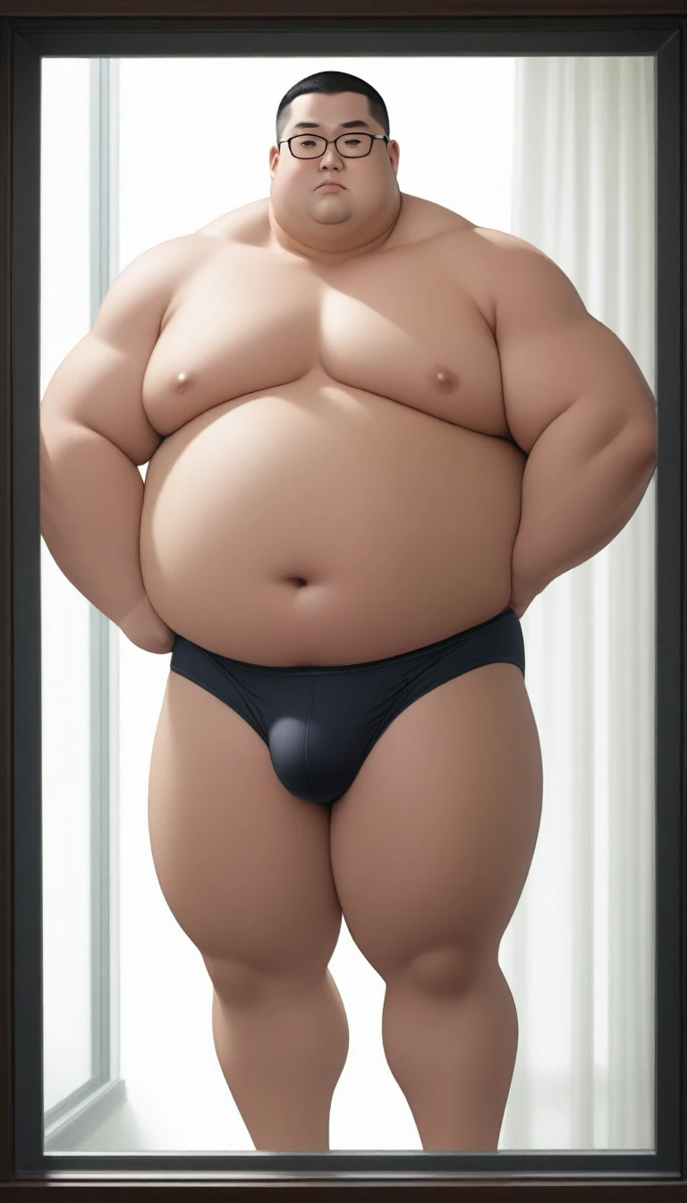 A fat man，Big eyes，Black round glasses，short hair，Round inches，Big round face，Very large and well-developed chest muscles，Big full belly，Standing under the glass window curtains，The upper body is bare，Wearing briefs with bulge in the crotch，Oriental male，Full body front view