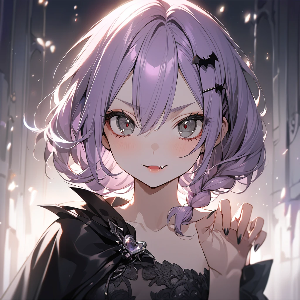 (Cute a girl:1.5), (a girl with closs hair pin,pale purple hair,braided and up.,bluntbangs hair,green and black eyes,Vampire cloak,fang,look at viewer :1.4),
(masterpiece:1.3), anime visual, (Lovey-dovey:1.5), (tilt head:1.3), extremely delicate face, soft clean focus, realistic lighting and shading, (an extremely delicate and beautiful art:1.3), elegant, (muted colors:1.1), small ,slim,One-shoulder jet black wedding dress, crimson lips, upturned eyes, portrait, wide open eyes, silver light effect in the background,claw pose,