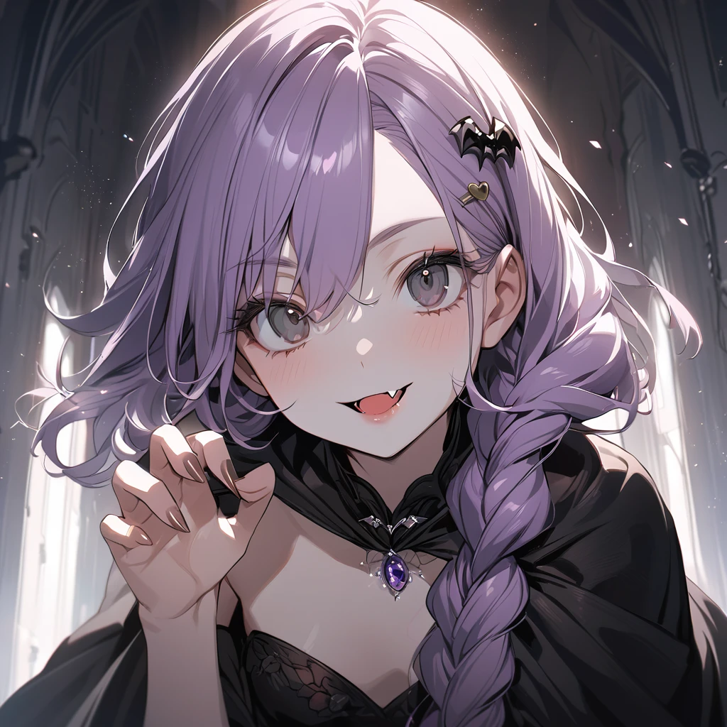 (Cute a girl:1.5), (a girl with closs hair pin,pale purple hair,braided and up.,bluntbangs hair,green and black eyes,Vampire cloak,fang,look at viewer :1.4),
(masterpiece:1.3), anime visual, (Lovey-dovey:1.5), (tilt head:1.3), extremely delicate face, soft clean focus, realistic lighting and shading, (an extremely delicate and beautiful art:1.3), elegant, (muted colors:1.1), small breast,slim,One-shoulder jet black wedding dress, crimson lips, upturned eyes, portrait, wide open eyes, silver light effect in the background,claw pose,