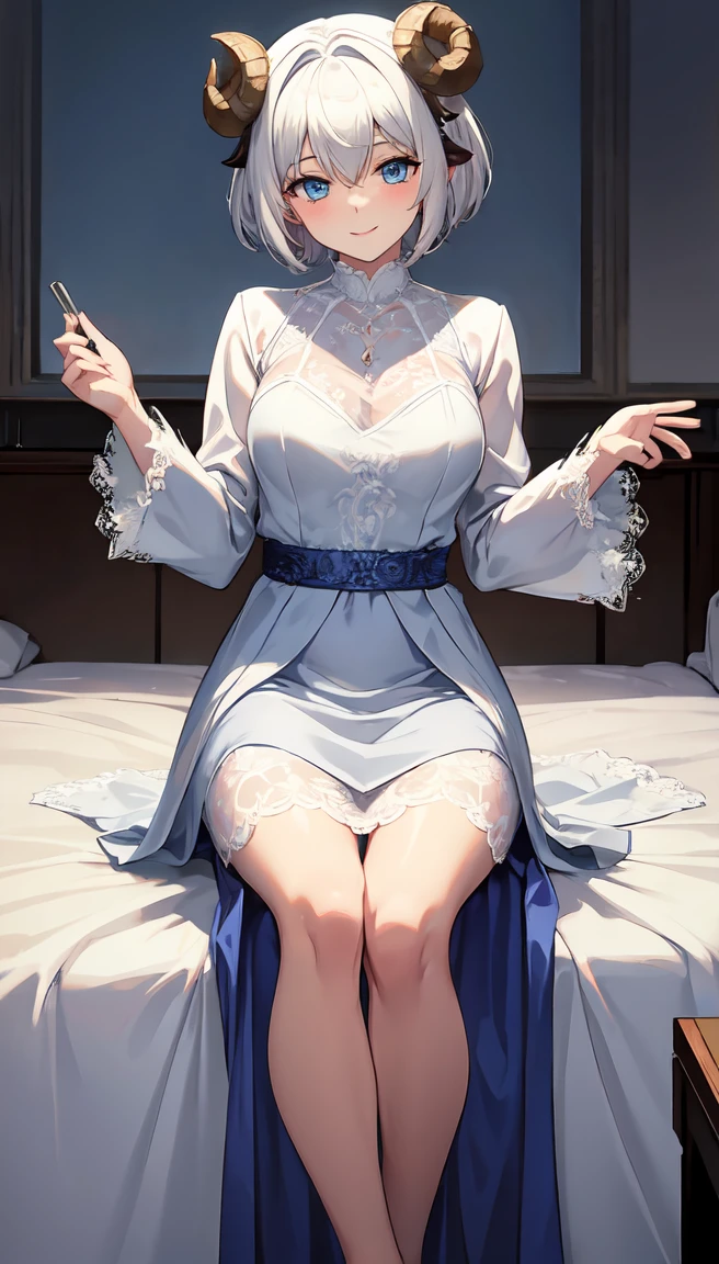 masterpiece, Soft Shading, Perfect Anatomy, Perfect lighting, Perfect focus, Healing, alone, One girl, Furry, Shaggy Sheep, Anthropomorphic, woman, Silver fur, Silvery skin, blue eyes, Before going to bed, pajamas,Long sleeve,Long skirt,(White lace),Small breasts,fantasy town, Upload to e621, Sitting,smile,adult,Long ears,Short Hair,Ram's horn
