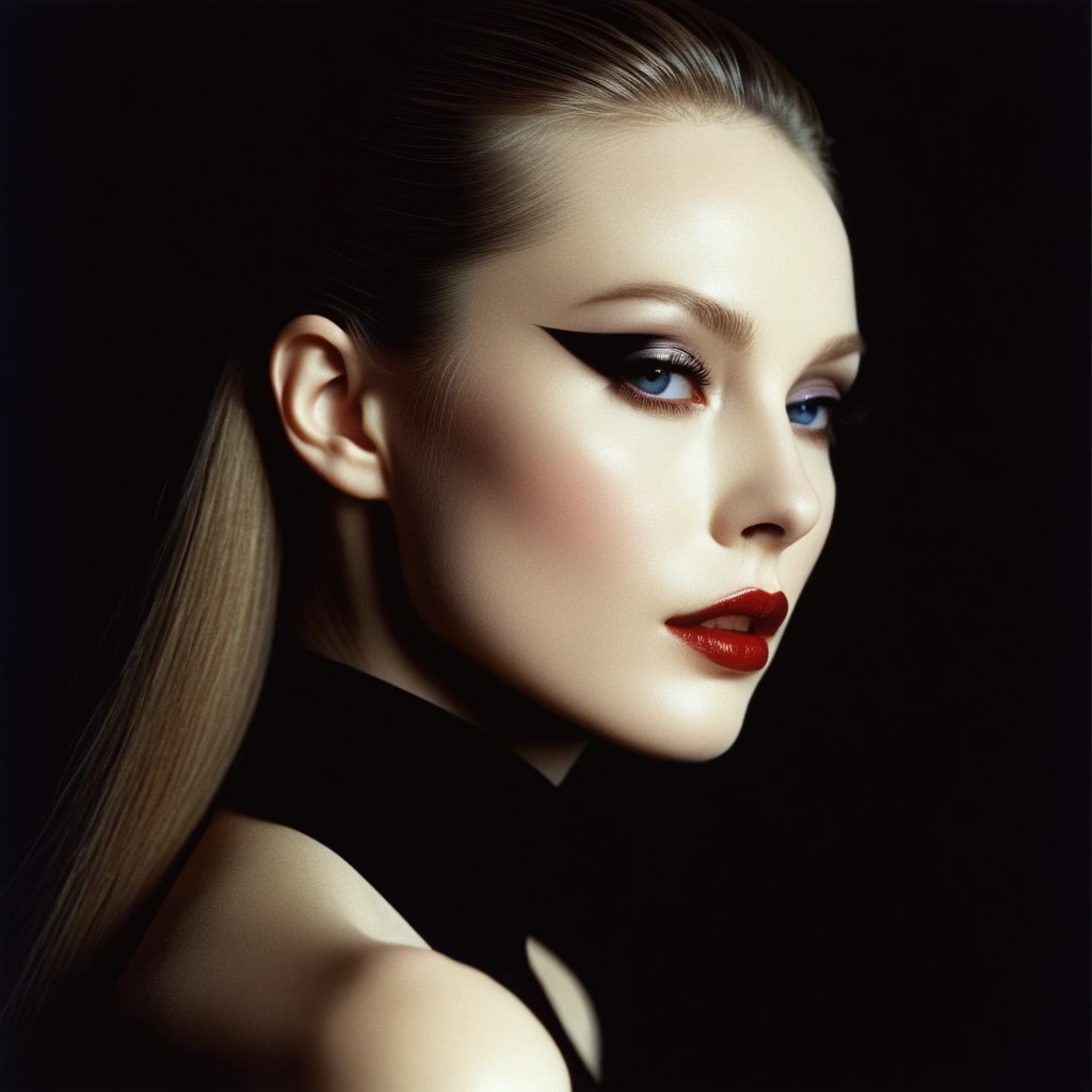 Photograph by Serge Lutens (1.8), pale skin, evil slavic woman, long dark blond hair, in profile, wide angle dim atmosphere, stunning, modern, dark, clean, artsy indoor surrounding, casting a dreamlike atmosphere eyes reflect some light, Shiseido-style Vogue-Style 1990s style and setting Various gentle half body poses and angles Consistent facial and body features Photorealistic and highly detailed Artistic and evocative High-quality finish Ensuring vibrant, detailed features Technical details: wide angle lens Selective focus with Kodak film effect: 1.2 Shallow depths of field