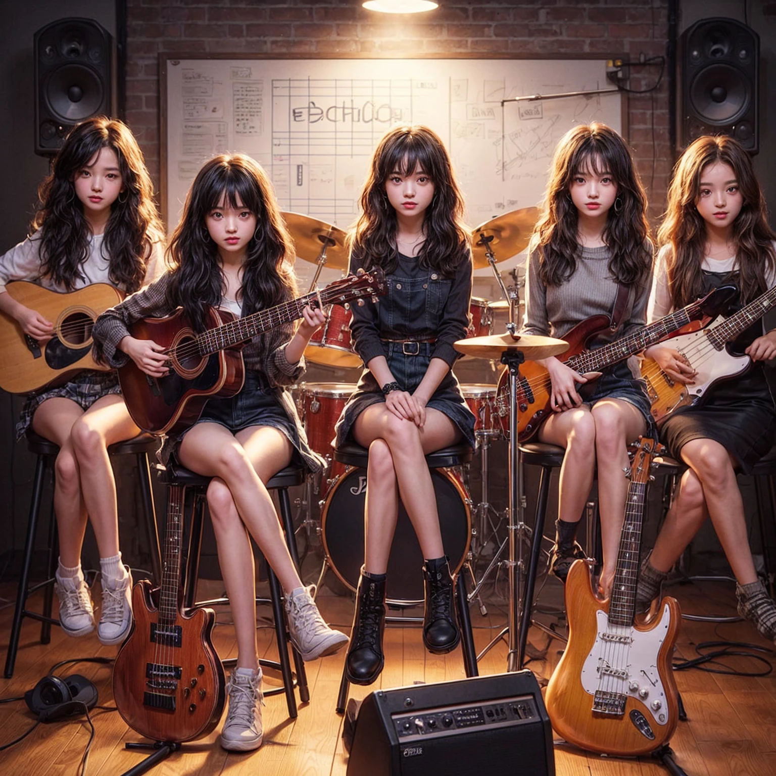 **Photo of 5 beautiful girls sitting:**
- **3 girls with messy black hair**
- **2 girls with wavy bob hair**
One girl is playing the drums, one girl is playing the piano, one girl is playing the bass guitar, one girl is playing the guitar, and one girl is singing. They are sitting behind a board with the word "ECHO" written on it. The background is a music studio, complete with drums, guitars, bass guitar, and piano. The image is ultra HD, 4k, and realistic.