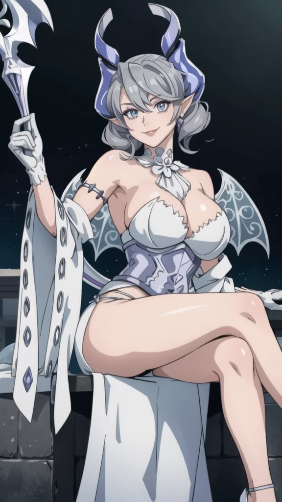 Outside castle top High level image quality best image quality 8K adult woman silver castle outside more colors whole body view portrait bikini horn ears short hair((shortcut)(gray hair)(perm)(fluffy)) eye color is blue , , attractive evil face , smile , sexy pose , labrynth , barearm gloves , wearing pink , wings , sitting on face statue ,holding her weapon , crossed legs, view heels , view side