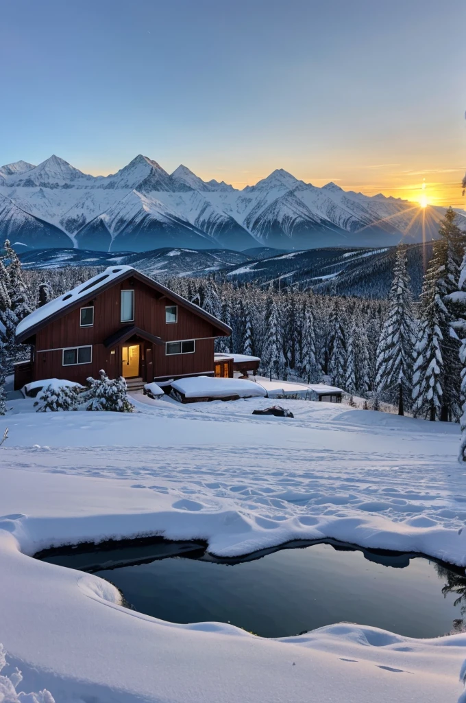 A house between two mountians in background, sun setting in between