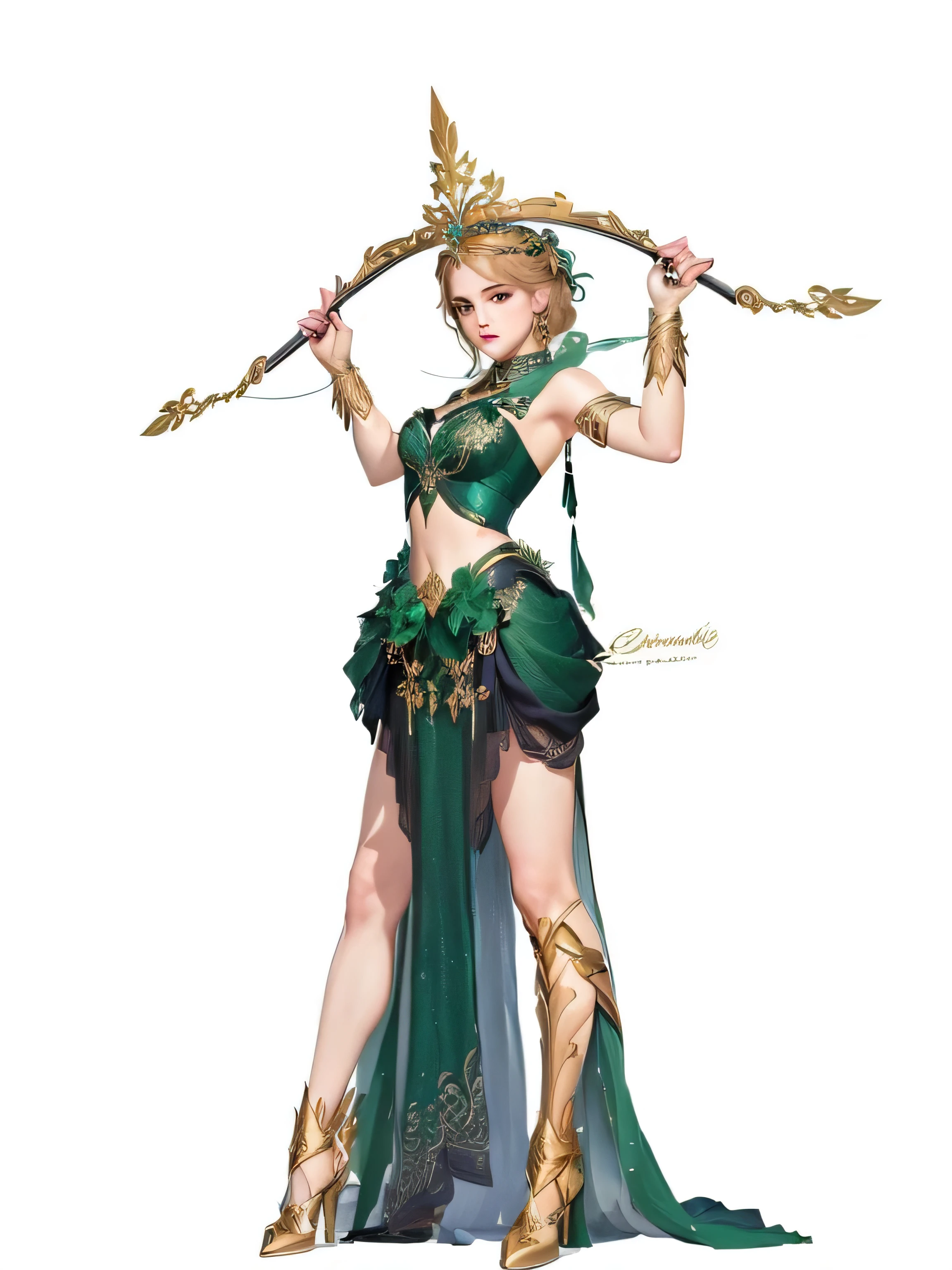a drawing of a woman in a green dress holding a bow, emma watson as a greek goddess, the goddess artemis smirking, inspired by Du Qiong, goddess of greek mythology, beautiful full body concept art, tall thin beautiful goddess, greek goddess, also known as artemis or selene, apsaras warrior, fashion concept art, gorgeous goddess of leo