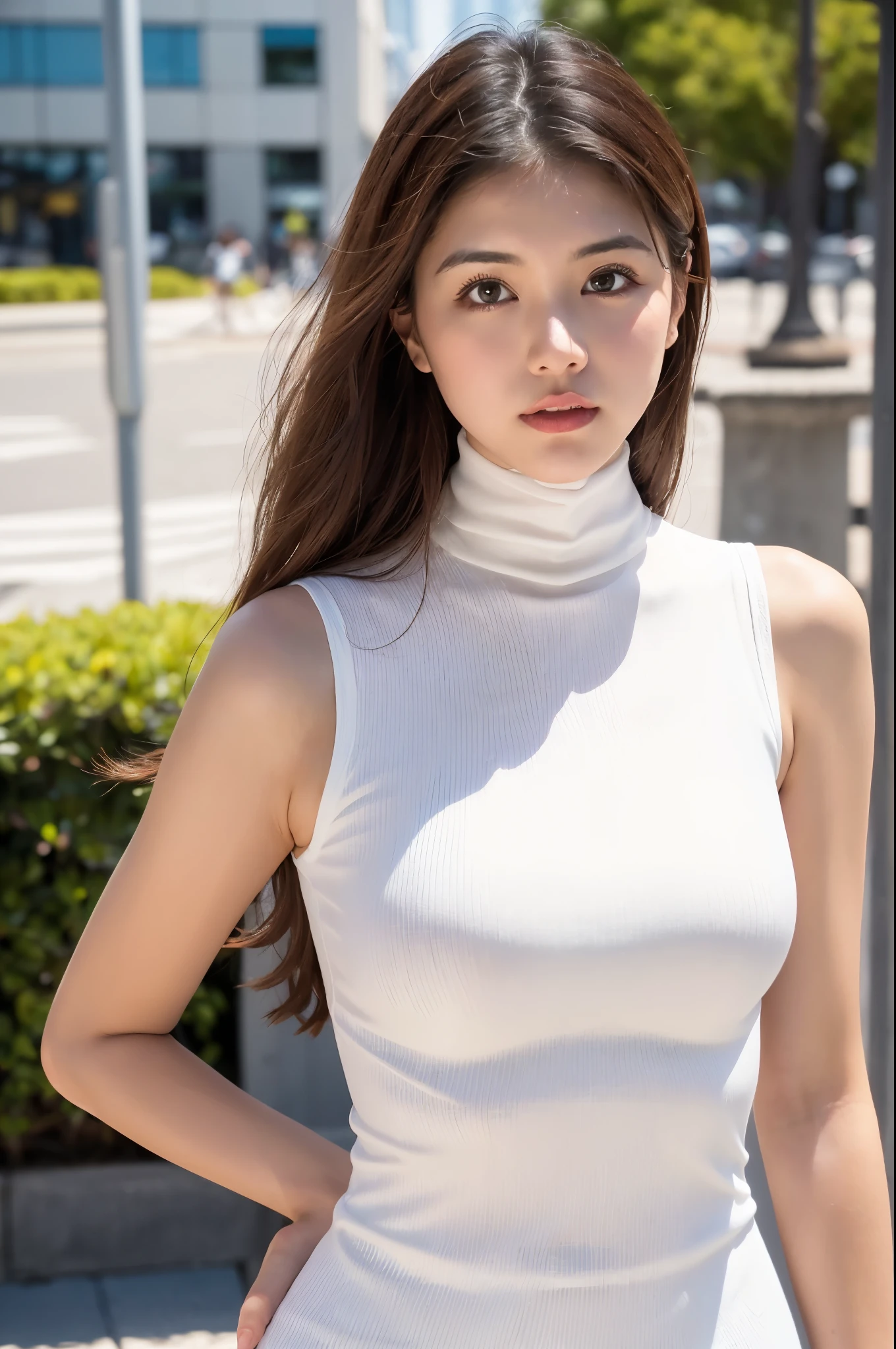 (masterpiece:1.5)、(Realistic:1.5)、(Highest quality:1.4、8K、RAW Photos)、 Ultra-high resolution、Professional Lighting、Perfect dynamic composition、Outdoor Shot、 Film Grain、chromatic aberration、(Bokeh:1.1)、 Frank、Sophisticated、charm、Surreal、High detail、Golden Ratio、 (1 Girl)、Slender girl、繊細でcharm女の子、Cute Woman:1.4、 Serious expression、Looking at the audience、Various poses、 Light brown hair、Shiny Hair、Hairstyle: ponytail、 Realistic looking skin、 shut up.、Beautiful Eyes、double eyelid、Thin arms、、 (Wearing a white ribbed turtleneck sleeveless dress:1.3), (Ultra-realistic pantyhose:1.3), Skirt and thighs、