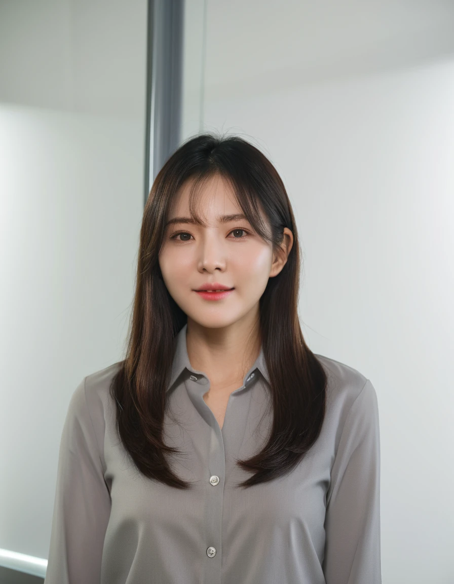 Best Quality, 8k, Masterpiece, (Portrait: 1.3), (photo realistic:1.4), (hyper realistic:1.4), Sharp Focus, looking at viewer, (smoother lighting:1.1), (increase cinematic lighting quality:0.9), realistic lighting, backlighting, light on face, ray trace, (brightening light:1.2), (Increase quality:1.4), sharp detail, (best quality real texture skin:1.4), finely detailed eyes, black_eyes, finely detailed face, 25 year old Korean woman, (white formal_shirt:1.4), (Create an image maintaining the original base model hairstyle:1.5)