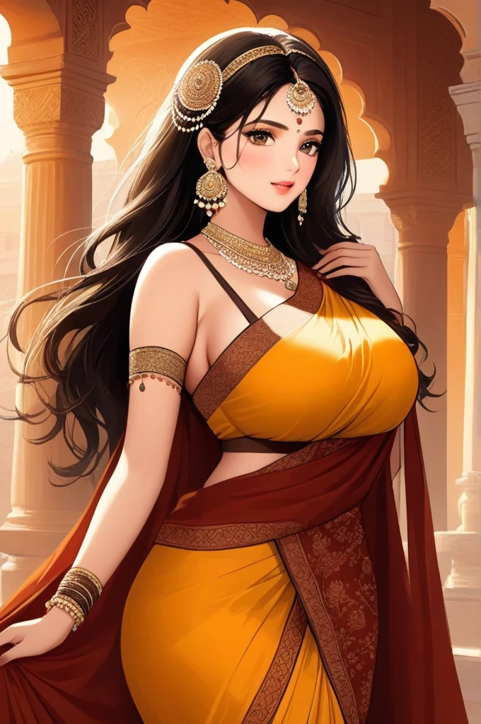 (best quality,highres,realistic:1.37)india's most beautiful lady,digital art wonders,princesscore,realistic historical fiction,charming detailed eyes and lips,fierce expression,historical attire,richly embroidered clothing,gold jewelry,dark wavy hair cascading down her back,flowing colorful silk saree,ornate palace in the background,historical architecture,detailed hand gestures,light amber candlelight,soft shadows and highlights,delicate facial features,meticulous attention to detail,subtle nuances of emotion,depth and richness in colors,expressive eyes that convey a sense of longing and strength,royal elegance and regal pose,graceful and confident stance,traditional henna patterns on her hands and feet,dusky complexion that glows in the warm light,realism with a touch of fantasy,impressive artistry,digital brushstrokes,soft and dreamlike ambiance,ethereal beauty,rich cultural heritage,indian art and folklore blended with contemporary digital techniques,masterpiece painting,pristine skin complexion,gorgeous traditional makeup,ornamental hair accessories,vibrant colors with a touch of darkness,dark white and light amber color palette,evocative and captivating art that tells a story,attention to historical accuracy while adding a touch of imagination,detailed background with architectural elements and intricate designs,deep emotional connection with the viewer.,big breasts, earrings 