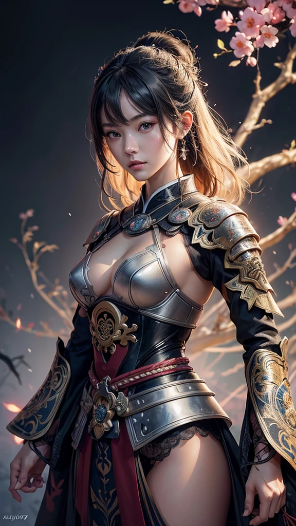 Girl in full samurai Armor, highly detailed, intricate motifs, organic tracery, perfect composition, digital painting, artstation, concept art, smooth, sharp focus, illustration, Carne Griffiths, pixar, Victo ngai, Jean Baptiste Monge, shiny aura Photograph Taken on Nikon D750, Intricate, Elegant, Digital illustration