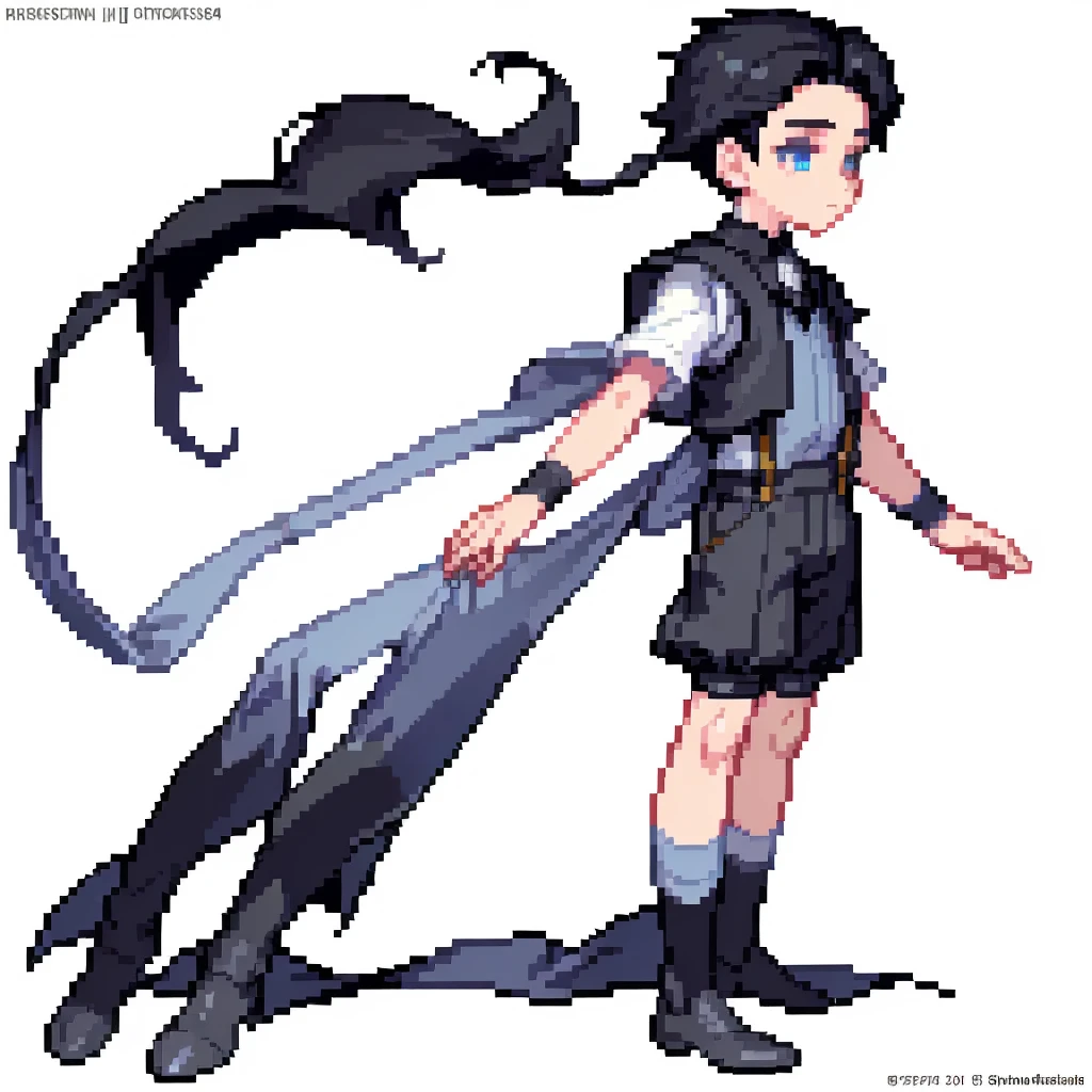 masterpiece , best quality , pixel art , 1 boy , Clothes of the nobility of the Middle Ages ,Wearing black clothing, full body , white background,A well-bred beautiful boy , black hair, pale blue eyes , The year is 15 years old, He wears suspenders and a vest on top, Shorts underneath , knee socks