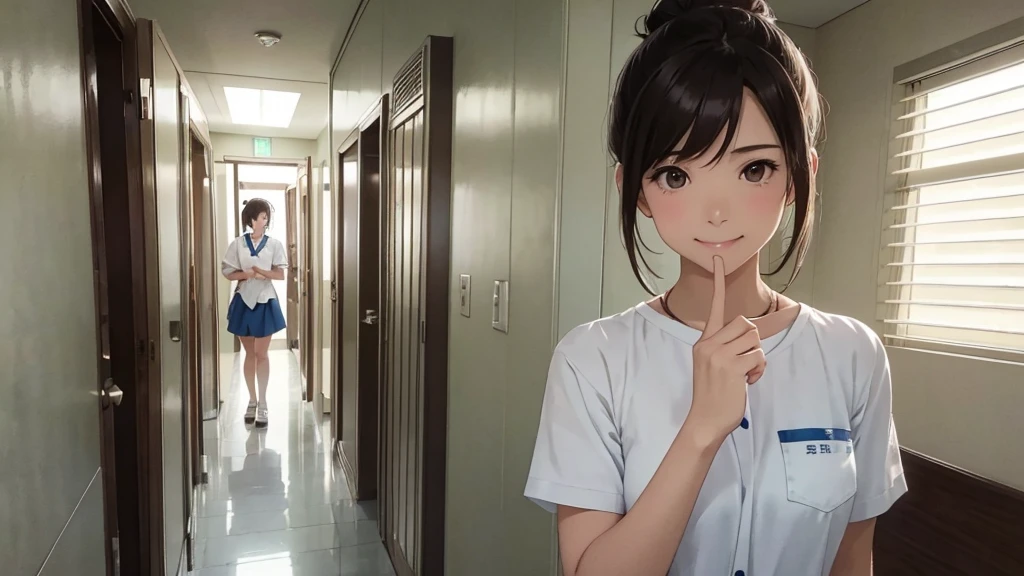The season is spring、It is noon.、The background is inside the hospital、20th Generation〜40-year-old woman、、nurse、whole bodyが写る、A shy smile、Through clenched teeth、Through clenched teeth、lip、cheek(Flat Color: 0.8)、(masterpiece: 1,2)、(masterpiece: 1,2)、High resolution、Ultra high definition、Highest quality、High resolution、Ultra-fine Illustration、Makoto Shinkai style、Your name is style、Short Bob、Dynamic pose、Selfie、whole body、Brown Hair、Hair Bun、ponytail・Chignon hairstyle、