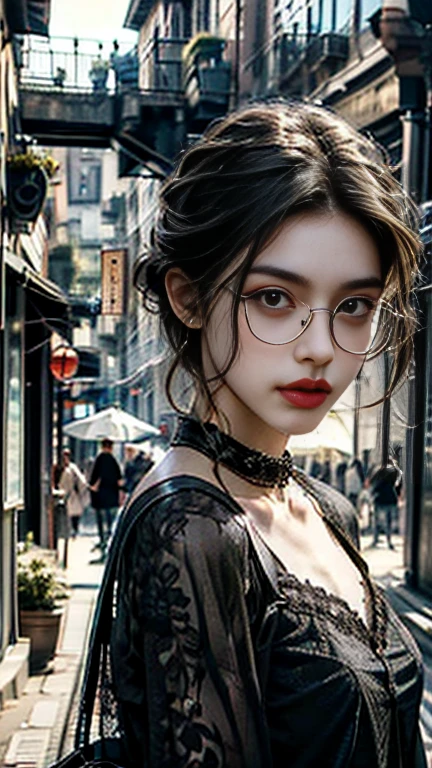 8K, ultra hd, masterpiece, (detailed), 1girl, (good face:1.4), hairstyle (color: red, length: short, curly with flowing small ringlets), face (heart-shaped, pale, dark brown eyes), glasses (wears thick-rimmed, old-fashioned glasses), background is white