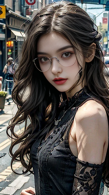 8K, ultra hd, masterpiece, (detailed), 1girl, (good face:1.4), hairstyle (color: red, length: short, curly with flowing small ringlets), face (heart-shaped, pale, dark brown eyes), glasses (wears thick-rimmed, old-fashioned glasses), background is white