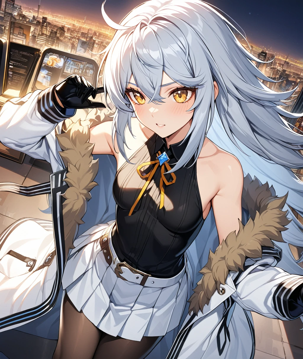 1girl, bangs,long_hair,独奏, yellow eyes, black legwear, jacket, pantyhose, silver hair, skirt, bare shoulders, eyebrows visible through hair, ahoge, gloves, white hair, small breasts,long sleeves,hair between eyes, standing, white skirt, shirt,sleeveless, sleeveless shirt,full_body, pleated skirt, sidelocks,belt ,very long hair, shoes,Miniskirt ,black gloves,white footwear, open clothes, Fur trim, black shirt, white coat,white_jacket,city lights,open jacket, off shoulder, open coat, fur-trimmed coat, gown, messy hair, , masterpiece, Highest quality, so beautiful, Absurd, ultra detailed, cg unity 8K wallpaper, masterwork, super fine illustration, ultra detailed beautiful face, perfect eyes, Movie angle, (((cowboy shot))), perfect hands, perfect fingers, ribbon,