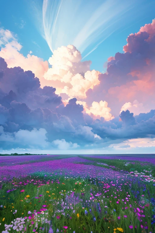 Draw a flower field with clouds looking up from the bottom.