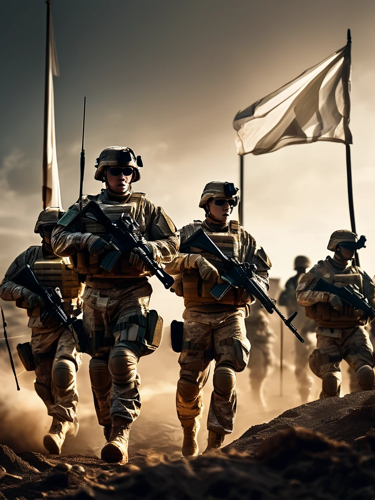 Soldiers in modern combat gear holding a white flag on a contemporary battlefield, background dark, hyper realistic, ultra detailed hyper realistic, photorealistic, Studio Lighting, reflections, dynamic pose, Cinematic, Color Grading, Photography, Shot on 50mm lens, Ultra-Wide Angle, Depth of Field, hyper-detailed, beautifully color, 8k, golden light from the front,