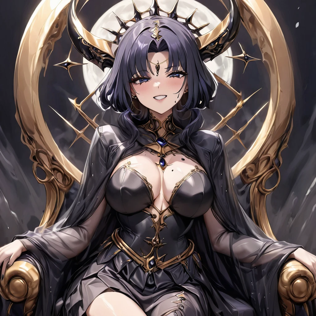((Highest quality)), ((masterpiece)), (detailed), (Perfect Face)、Black moon mark on forehead、The woman is the noble dark queen of the Black Moon of the Black Moon clan, Dark Mercury, with short blue bob hair. The woman is Dark Mercury, sitting on a luxurious throne.、The woman has a black inverted crescent moon mark on her forehead, a gorgeous and glittering black gothic Victorian dress, a black veil and a black see-through cape, and is wearing luxurious jeweled accessories. She is the Queen of Darkness, looking at the camera with a happy expression, and has the expression of a maiden in love.