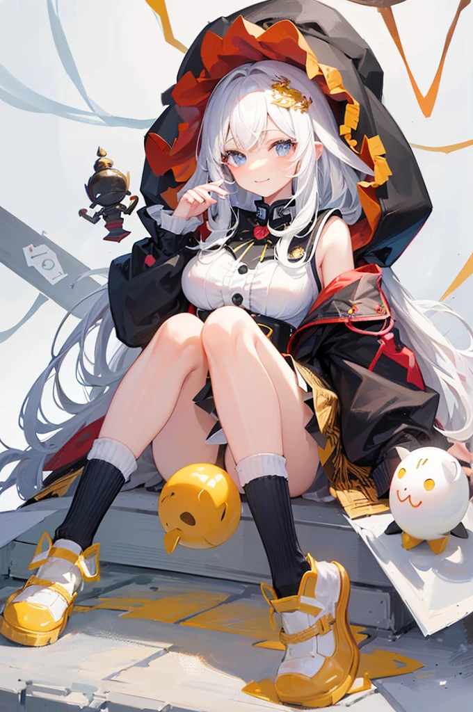 ((Highest quality)), ((masterpiece)), ((Very detailed)), (Very mature),A cute high school girl with a gentle look, white hair and about 165cm tall.，A female high school student with big breasts and a cute smile wearing a transparent black waifus with a cute patterned hood that shows off her shoulders, 顔が若干縦方向に長いbright笑顔の女性，Small Faced Woman，alone, Cute attitude,(background(bright)，Long Hair - Straight，Knee-high socks、A transparent white veil with a cute pattern and a hood with white off-the-shoulders，White wall、Sitting、Facing the viewer、縁に模様がある壁が1面のbackground
