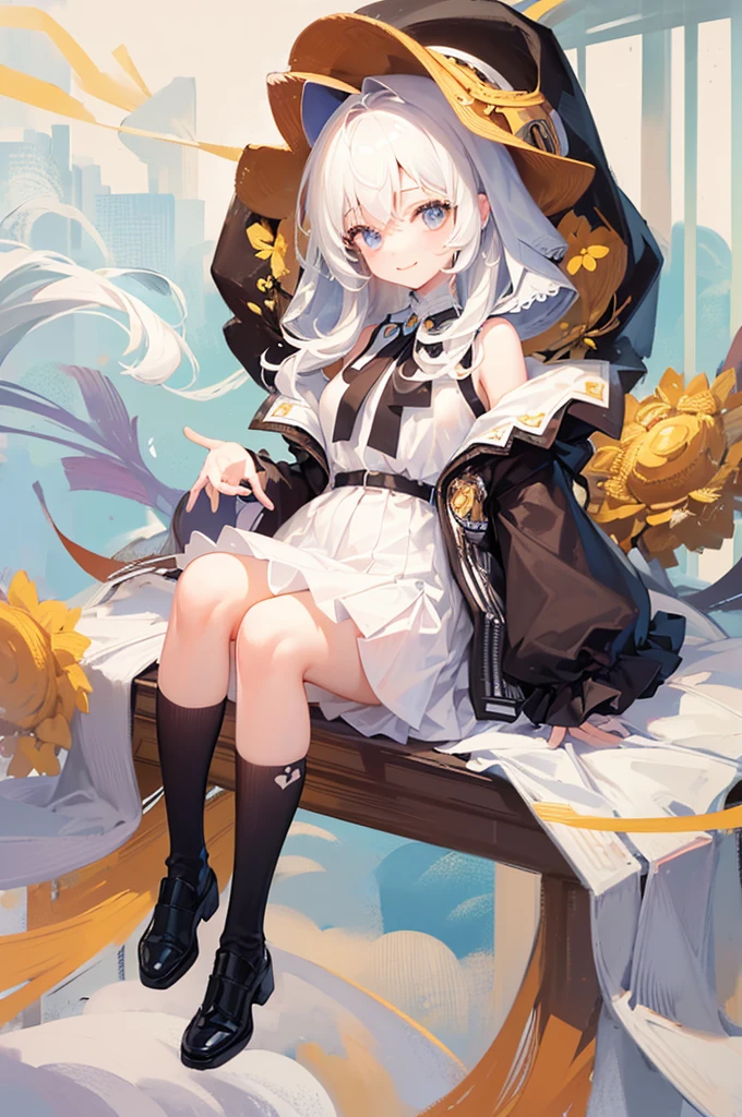 ((Highest quality)), ((masterpiece)), ((Very detailed)), (Very mature),A cute, gentle-looking female high school student with black hair and a height of about 165cm.,A female high school student with big breasts and a cute smile wearing a transparent blue waifus with a cute patterned hood and bare shoulders, A gentle woman with a slightly long vertical face,Small Faced Woman,alone, Cute attitude,(background(bright),Long Hair - Straight,Knee-high socks、A transparent blue veil with a cute pattern and white hood with off-the-shoulder sleeves,White wall、Sitting、Facing the viewer、縁に模様がある壁が1面のbackground