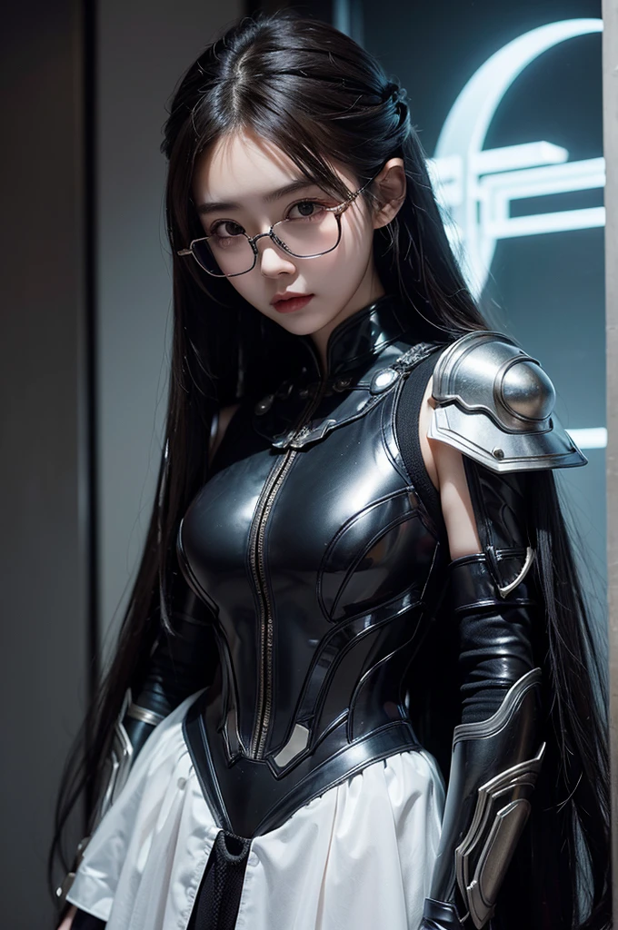 A beautiful Chinese girl with long hair，Transparent glasses with half frame，Wearing a Hero suit，Very detailed，Intricate details，8K，Surrealism，light，Dramatic color palette，masterpiece，Reality