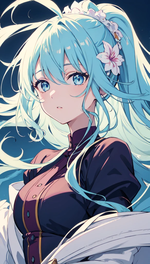 (masterpiece), (best quality), (ultra detailed),(disheveled hair),(illustration), (1girl), (Fashionable clothing), standing, Fashion model, looking at viewer, (interview), (simple background),beautiful detailed eyes, delicate beautiful face, Floating,(high saturation),(colorful splashes),colorful bubble,(shining), focus on face,  ponytail, kamisato ayaka, light blue hair, bangs, hair ring, floating flowers, floating hairs, (shining), best lighting, best shadow,  
