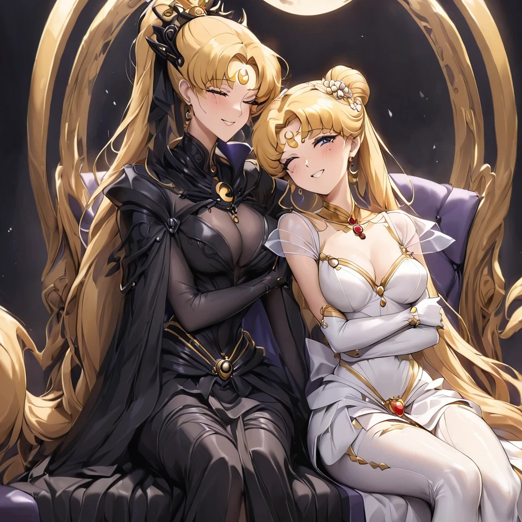 ((Highest quality)), ((masterpiece)), (detailed), （Perfect Face）、Black moon mark on forehead、The woman is Black Serenity, the noble dark queen of the Black Moon clan and has blonde hair.２The woman, Princess Serenity, has long hair tied up in a ponytail and is sitting on a large throne, hugging and kissing the majestic and powerful Black Moon King.、The woman has a black inverted crescent moon mark on her forehead, a gorgeous and glittering black gothic Victorian dress, a black veil and a black see-through cape, and is wearing luxurious jeweled accessories. She is the Queen of Darkness, the jet-black Princess Serenity, looking at the camera with a happy expression, and has the expression of a maiden in love.、The man is a majestic and powerful black moon king embracing and kissing a woman.