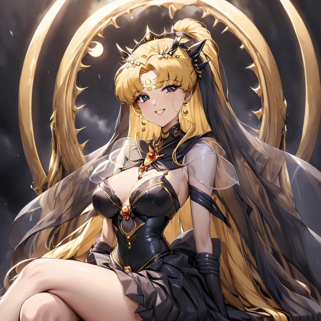 ((Highest quality)), ((masterpiece)), (detailed), (Perfect Face)、Black moon mark on forehead、The woman is Black Serenity, the noble dark queen of the Black Moon clan and has blonde hair.2The woman, Princess Serenity, has long hair tied up in a ponytail and is sitting on a large throne, hugging and kissing the majestic and powerful Black Moon King.、The woman has a black inverted crescent moon mark on her forehead, a gorgeous and glittering black gothic Victorian dress, a black veil and a black see-through cape, and is wearing luxurious jeweled accessories. She is the Queen of Darkness, the jet-black Princess Serenity, looking at the camera with a happy expression, and has the expression of a maiden in love.、The man is a majestic and powerful black moon king embracing and kissing a woman.