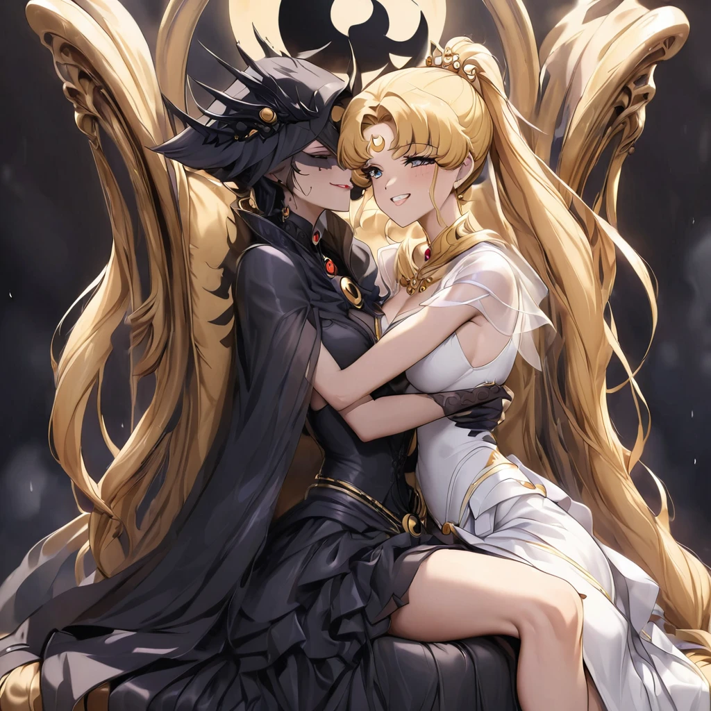((Highest quality)), ((masterpiece)), (detailed), （Perfect Face）、The woman is a dark queen with a black inverted crescent moon mark on her forehead, wearing a gorgeous, glittering black Gothic Victorian dress, a black veil, and a black see-through cape, as well as luxurious jeweled accessories.、The man is Demand, the dignified, evil, and powerful silver-haired demon king.、The Demon King of the Black Moon and the Dark Queen of the Black Moon in love、The woman is Black Serenity, the noble dark queen of the Black Moon clan and has blonde hair.２The woman with long hair tied up is Princess Serenity、The woman embraces the strong and evil demon king, kisses him as a vow, takes off her underwear in the temple of the black moon, joins their genitals, and has sex in the missionary position, with the man ejaculating a large amount from his genitals.、A large amount of semen oozing out of the joined genitals、The woman is a dark queen with a black inverted crescent moon mark on her forehead, wearing a gorgeous, glittering black Gothic Victorian dress, a black veil, and a black see-through cape, as well as luxurious jeweled accessories.で幸せそうな表情の漆黒のプリンセスセレニティで恋する乙女の表情、A woman and a strong, evil demon king man are embracing the dark bride woman, kissing her vows and getting married.、The man is a strong and evil demon king who embraces the woman, kisses her in oath, and has sex with her in the Temple of the Black Moon.、A couple having sex in love
