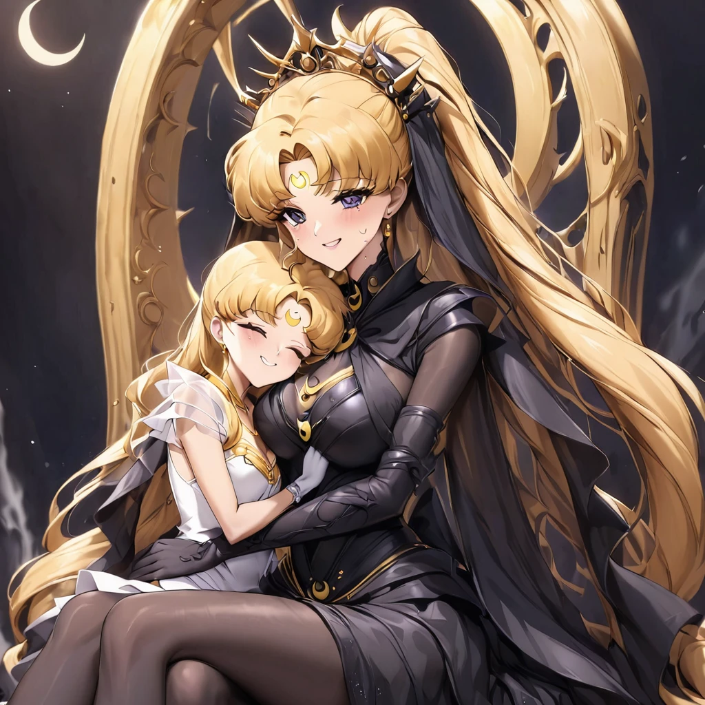 ((Highest quality)), ((masterpiece)), (detailed), （Perfect Face）、Black moon mark on forehead、The woman is Black Serenity, the noble dark queen of the Black Moon clan and has blonde hair.２The woman, Princess Serenity, has long hair tied up in a ponytail and is sitting on a large throne, hugging and kissing the majestic and powerful Black Moon King.、The woman has a black inverted crescent moon mark on her forehead, a gorgeous and glittering black gothic Victorian dress, a black veil and a black see-through cape, and is wearing luxurious jeweled accessories. She is the Queen of Darkness, the jet-black Princess Serenity, looking at the camera with a happy expression, and has the expression of a maiden in love.、The man is a majestic and powerful black moon king embracing and kissing a woman.