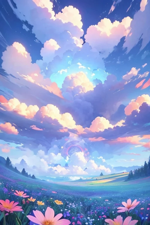 Draw a flower field with clouds looking up from the bottom.