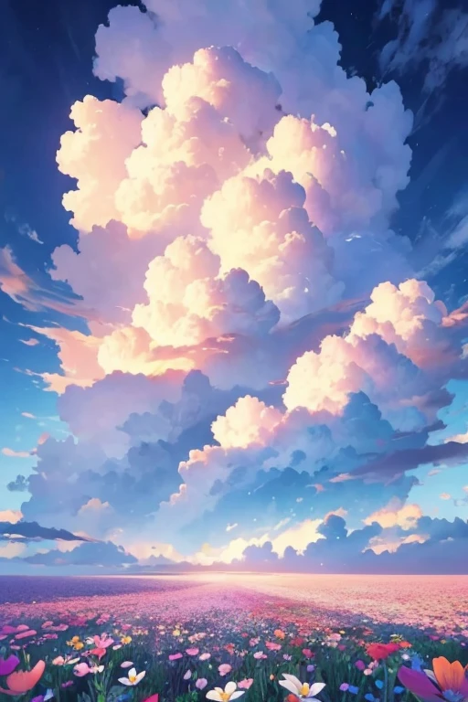 Draw a flower field with clouds looking up from the bottom.