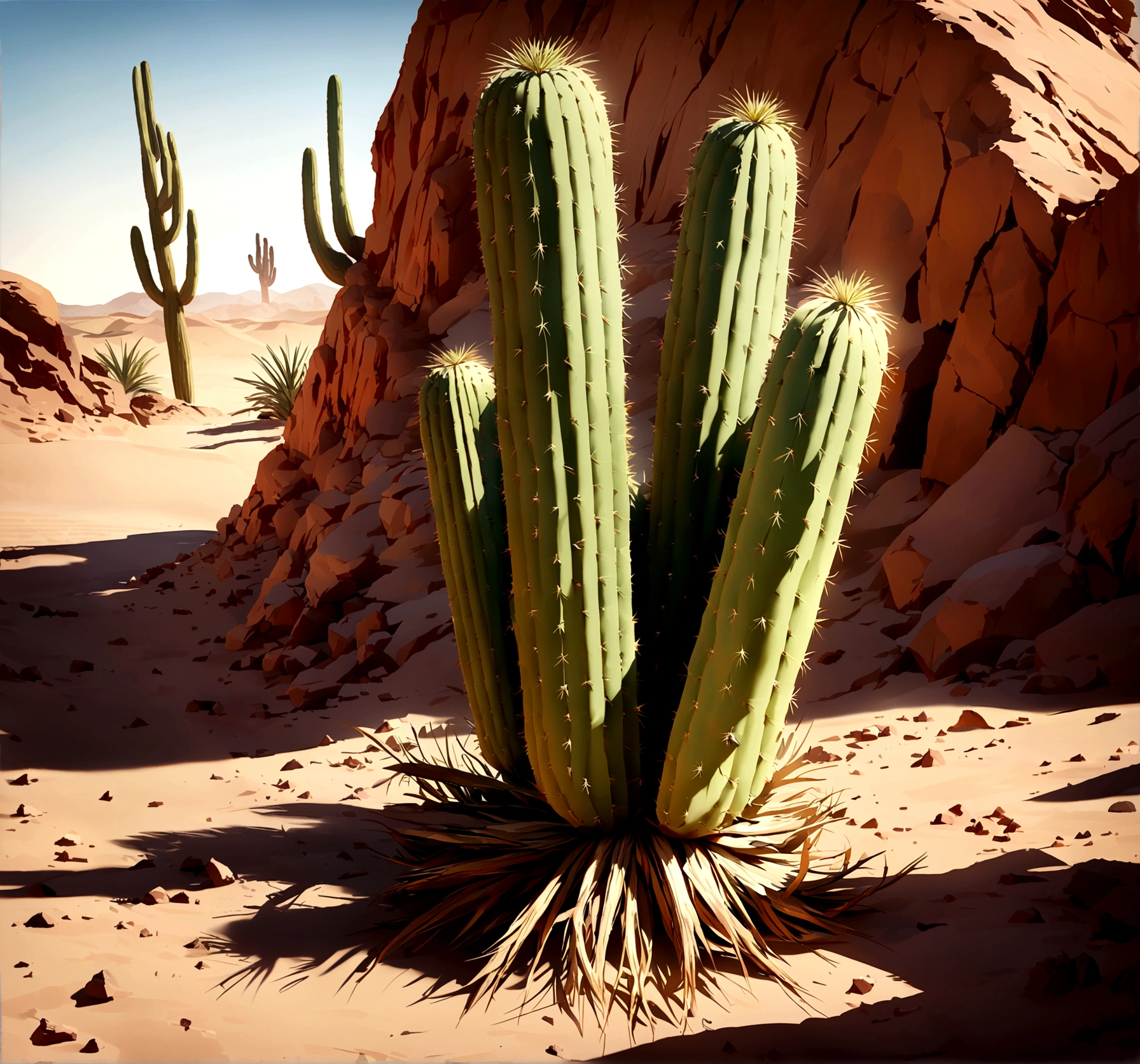 conceptual art((vast desert)),Oasis in the desert.desert cactus ,lanky，empty，（arena），（nonhuman），bleak，Blurry closeup，Depth of fields，K HD，Detailed details，The best image quality，Light and shadow special effects.， digital artwork, illustrative, pictorial, matte paint, Very detailed