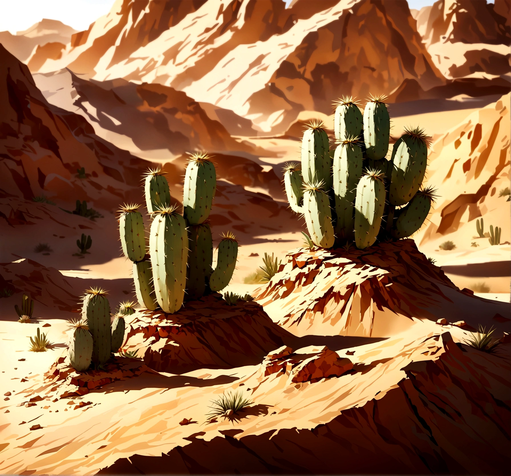 conceptual art((vast desert)),Oasis in the desert.desert cactus ,lanky,empty,(arena),(nonhuman),bleak,Blurry closeup,Depth of fields,K HD,Detailed details,The best image quality,Light and shadow special effects., digital artwork, illustrative, pictorial, matte paint, Very detailed