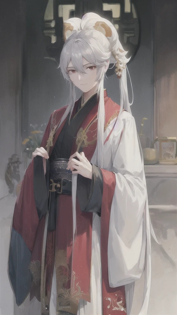 Large scene of a white-haired woman wearing a red robe,lion,躺在巨大的石lion像前仰头喝酒, Portrait of Yang Jian, Pixiv, Fantasy Art, White-haired deity, Beautiful character painting, artwork in the style of , Gu Weiss, has long white hair, has long white hair, 飘逸的长发和Red robe,Red robe,