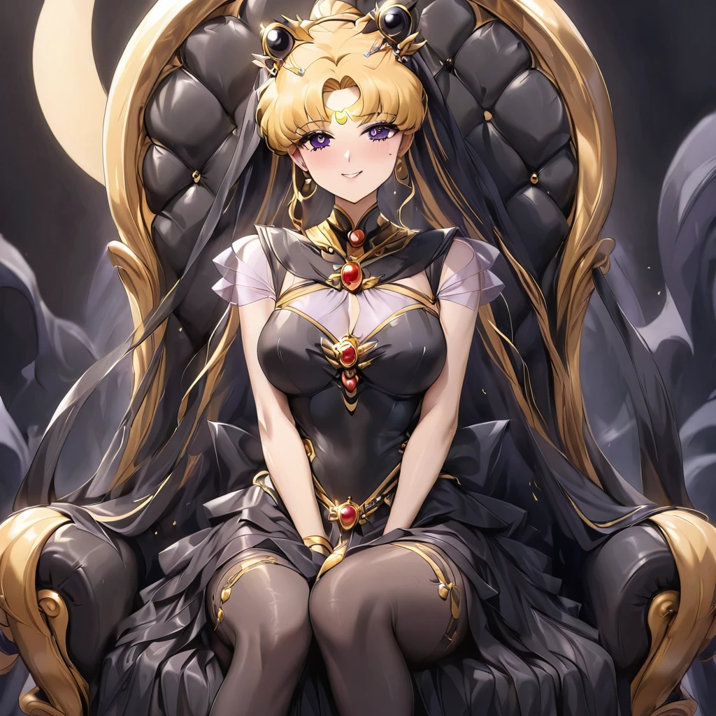 ((Highest quality)), ((masterpiece)), (detailed), (Perfect Face)、Black moon mark on forehead、The woman is Black Serenity, the noble dark queen of the Black Moon clan and has blonde hair.2A woman with long hair tied up in a ponytail is Princess Serenity, sitting on a luxurious throne.、The woman has a black inverted crescent moon mark on her forehead, a gorgeous and glittering black gothic Victorian dress, a black veil and a black see-through cape, and is wearing luxurious jeweled accessories. She is the Queen of Darkness, the jet-black Princess Serenity, looking at the camera with a happy expression, and has the expression of a maiden in love.