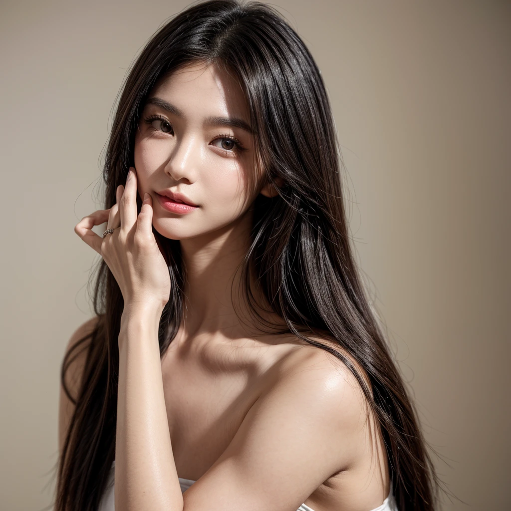 A young 19-year-old woman with a mixed Asian and American heritage. She has thick dark black eyeliner and glossy lips. The image is a casting shot, showcasing her face clearly with a neutral or slight smile expression. She has straight, dark brown hair that falls just past her shoulders. Her eyes are almond-shaped, and her skin has a light to medium tone with a natural, fresh look. She is wearing a simple, professional outfit suitable for a casting, and the background is a neutral studio setting with soft lighting to highlight her features.