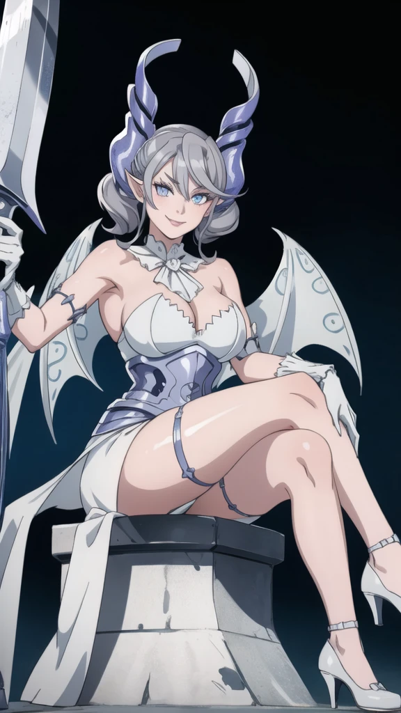  Outside castle top  High level image quality　best image quality　8K　 adult woman   silver castle outside  more colors   whole body view　portrait　 bikini   　horn    ears  　short hair（（shortcut）（gray hair）（perm）（fluffy））　eye color is blue ,  , 　attractive evil face , smile   ,  sexy pose   ,  labrynth ,  barearm   gloves  , wearing pink , wings    , sitting on face statue  ,holding her weapon  , crossed legs, view heels   , view foot arc