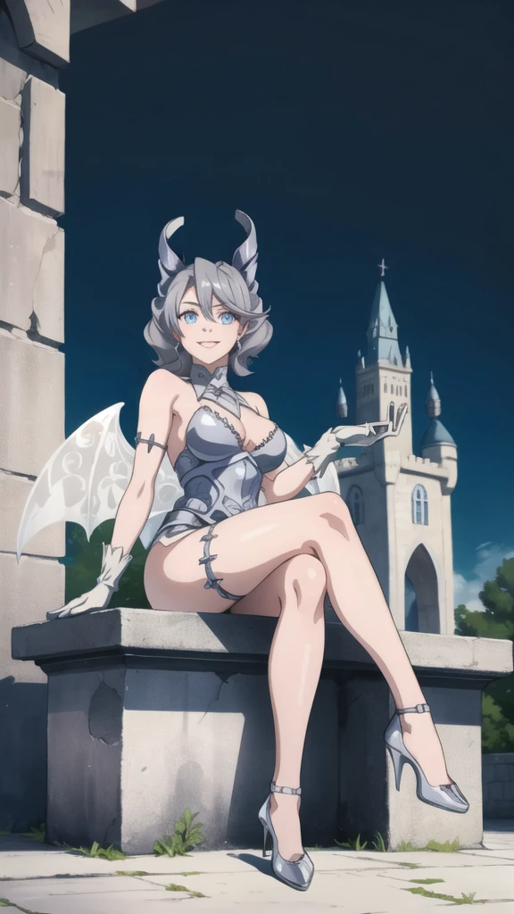 Outside castle top High level image quality best image quality 8K adult woman silver castle outside more colors whole body view portrait bikini horn ears short hair((shortcut)(gray hair)(perm)(fluffy)) eye color is blue , , attractive evil face , smile , sexy pose , labrynth , barearm gloves , wearing pink , wings , sitting on face statue ,holding her weapon , crossed legs, view heels , view foot arc