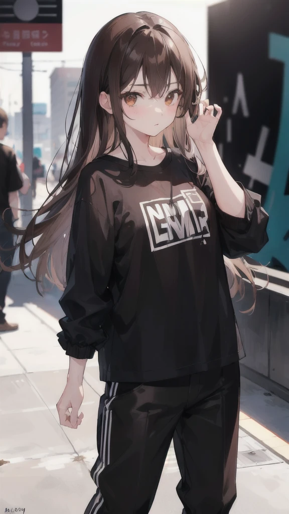 1girl, long brown hair, brown eyes, wearing black shirt, black pants, aleey with graffiti, absurdres, high res, ultrasharp, 8K, masterpiece, looking at viewer, blurry background