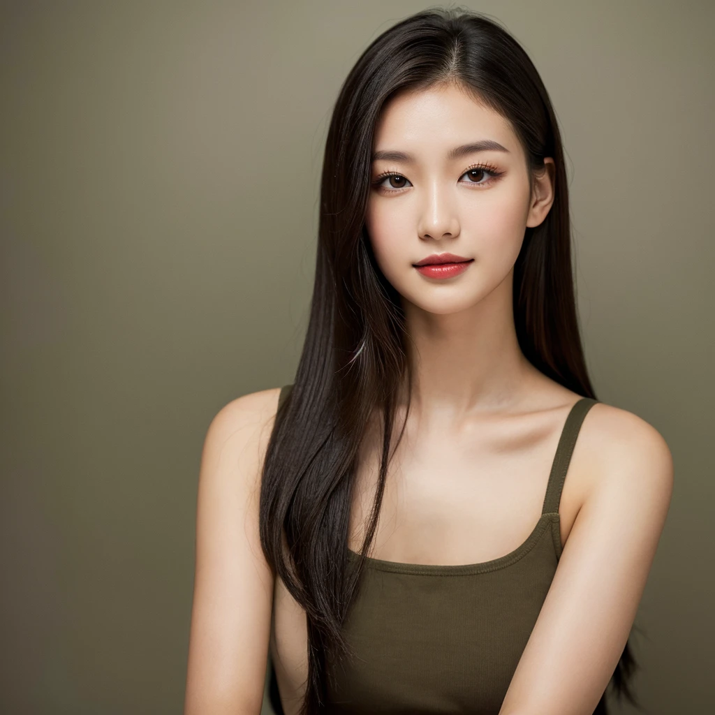 A young 19-year-old woman with a mixed Asian and Russian heritage. She has thick dark black eyeliner and glossy lips. The image is a casting shot, showcasing her face clearly with a neutral or slight smile expression. She has straight, dark brown hair that falls just past her shoulders. Her eyes are almond-shaped, and her skin has a light to medium tone with a natural, fresh look. She is wearing a simple, professional outfit suitable for a casting, and the background is a neutral studio setting with soft lighting to highlight her features.
