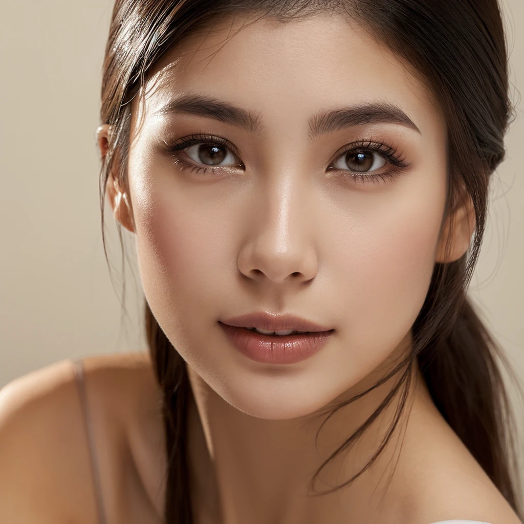 A young 19-year-old woman with a mixed Asian and Russian heritage. She has thick dark black eyeliner and glossy lips. The image is a casting shot, showcasing her face clearly with a neutral or slight smile expression. She has straight, dark brown hair that falls just past her shoulders. Her eyes are almond-shaped, and her skin has a light to medium tone with a natural, fresh look. She is wearing a simple, professional outfit suitable for a casting, and the background is a neutral studio setting with soft lighting to highlight her features.