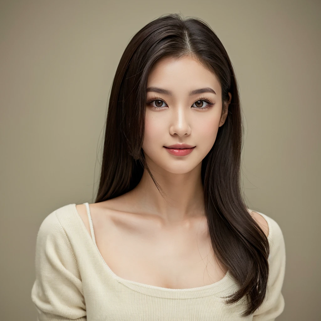 A young 19-year-old woman with a mixed Asian and Russian heritage. She has thick dark black eyeliner and glossy lips. The image is a casting shot, showcasing her face clearly with a neutral or slight smile expression. She has straight, dark brown hair that falls just past her shoulders. Her eyes are almond-shaped, and her skin has a light to medium tone with a natural, fresh look. She is wearing a simple, professional outfit suitable for a casting, and the background is a neutral studio setting with soft lighting to highlight her features.