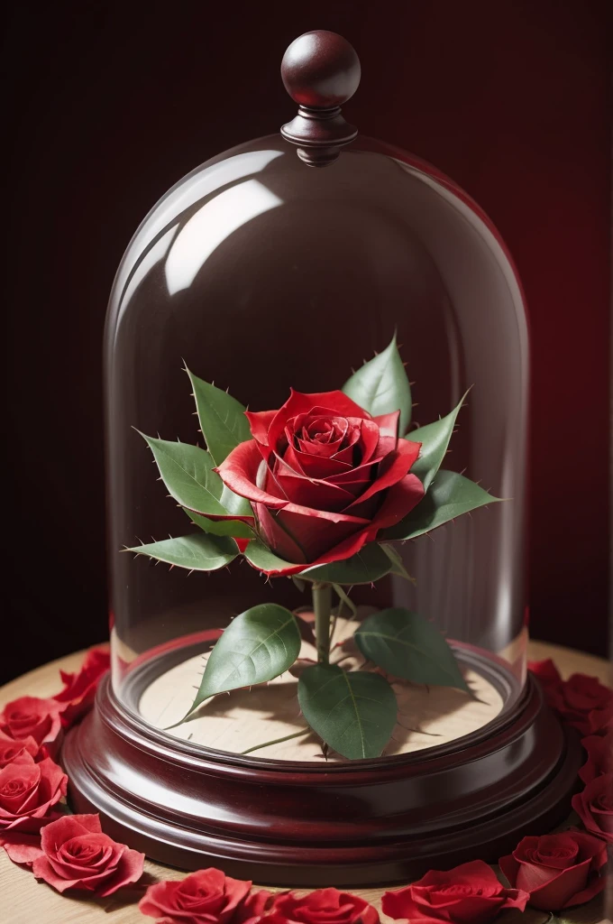 Red rose covered with many thorns and a thick glass dome