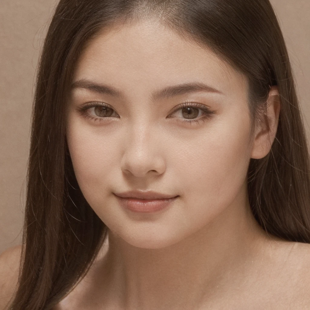 A young 19-year-old woman with a mixed Asian and Russian heritage. She has thick dark black eyeliner and glossy lips. The image is a casting shot, showcasing her face clearly with a neutral or slight smile expression. She has straight, dark brown hair that falls just past her shoulders. Her eyes are almond-shaped, and her skin has a light to medium tone with a natural, fresh look. She is wearing a simple, professional outfit suitable for a casting, and the background is a neutral studio setting with soft lighting to highlight her features.
