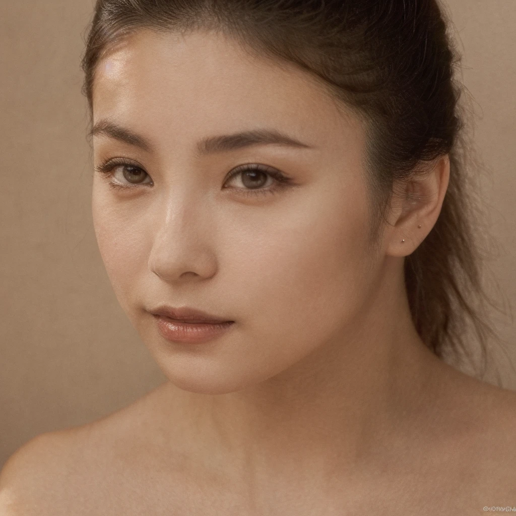 A young 19-year-old woman with a mixed Asian and Russian heritage. She has thick dark black eyeliner and glossy lips. The image is a casting shot, showcasing her face clearly with a neutral or slight smile expression. She has straight, dark brown hair that falls just past her shoulders. Her eyes are almond-shaped, and her skin has a light to medium tone with a natural, fresh look. She is wearing a simple, professional outfit suitable for a casting, and the background is a neutral studio setting with soft lighting to highlight her features.