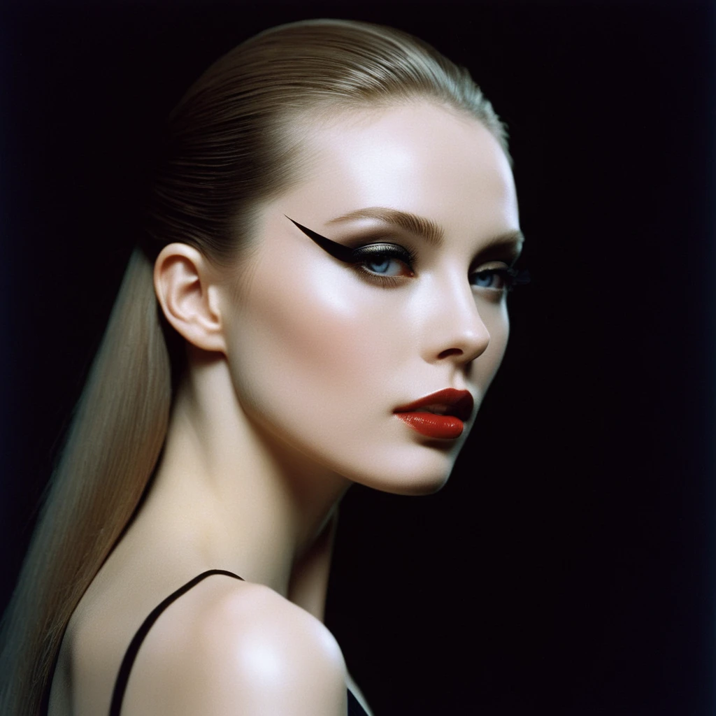 Photograph by Serge Lutens (1.8), pale skin, evil slavic woman, long dark blond hair, in profile, wide angle dim atmosphere, stunning, modern, dark, clean, artsy indoor surrounding, casting a dreamlike atmosphere eyes reflect some light, Shiseido-style Vogue-Style 1990s style and setting Various gentle half body poses and angles Consistent facial and body features Photorealistic and highly detailed Artistic and evocative High-quality finish Ensuring vibrant, detailed features Technical details: wide angle lens Selective focus with Kodak film effect: 1.2 Shallow depths of field