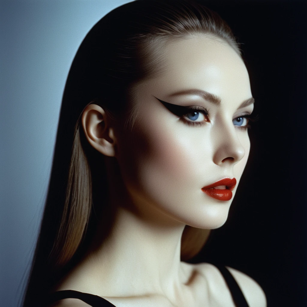 Photograph by Serge Lutens (1.8), pale skin, evil slavic woman, long dark blond hair, in profile, wide angle dim atmosphere, stunning, modern, dark, clean, artsy indoor surrounding, casting a dreamlike atmosphere eyes reflect some light, Shiseido-style Vogue-Style 1990s style and setting Various gentle half body poses and angles Consistent facial and body features Photorealistic and highly detailed Artistic and evocative High-quality finish Ensuring vibrant, detailed features Technical details: wide angle lens Selective focus with Kodak film effect: 1.2 Shallow depths of field