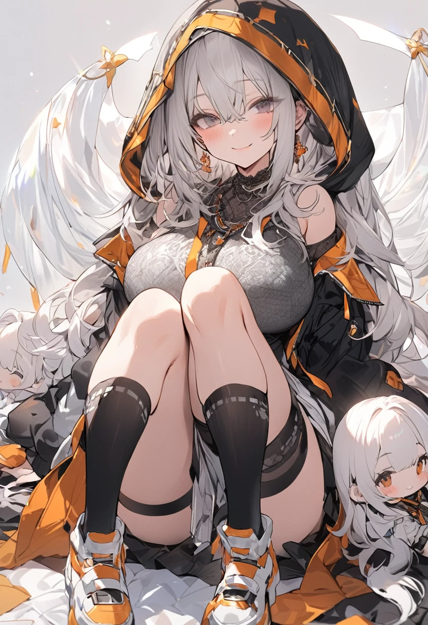 ((Highest quality)), ((masterpiece)), ((Very detailed)), (Very mature),A cute high school girl with a gentle look, white hair and about 165cm tall.,A female high school student with big breasts and a cute smile wearing a transparent black waifus with a cute patterned hood that shows off her shoulders, 顔が若干縦方向に長いbright笑顔の女性,Small Faced Woman,alone, Cute attitude,(background(bright),Long Hair - Straight,Knee-high socks、A transparent white veil with a cute pattern and a hood with white off-the-shoulders,White wall、Sitting、Facing the viewer、縁に模様がある壁が1面のbackground